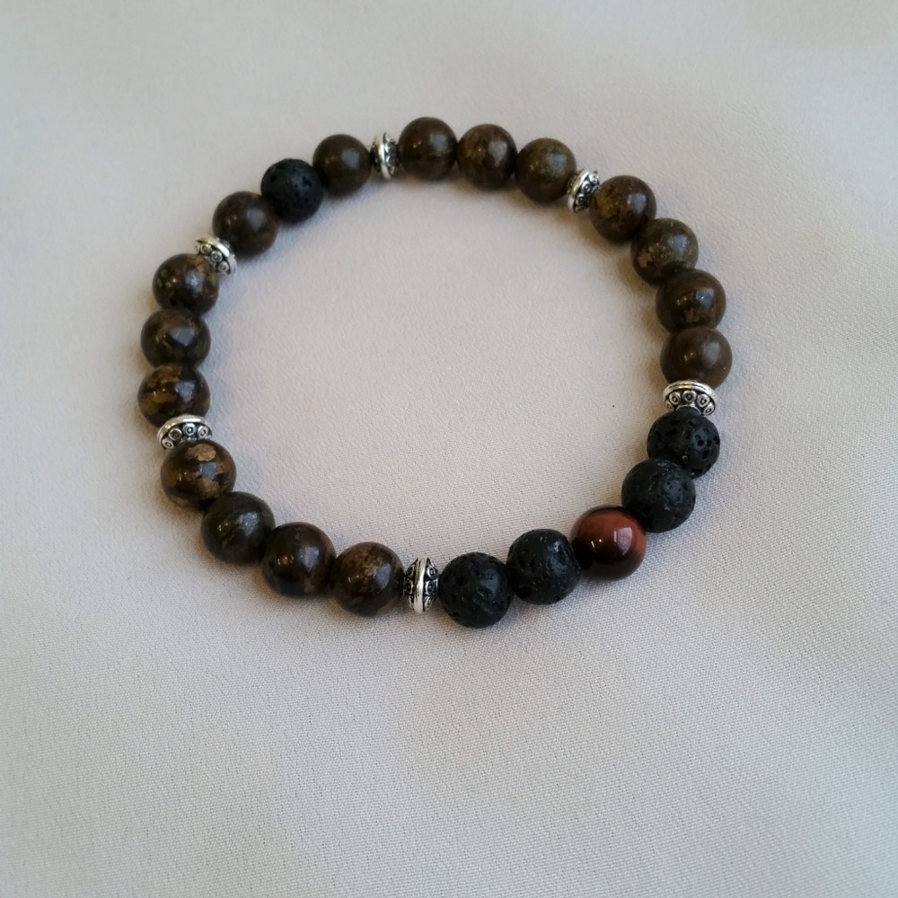 Men's real stone stretchy bracelet, brown & black